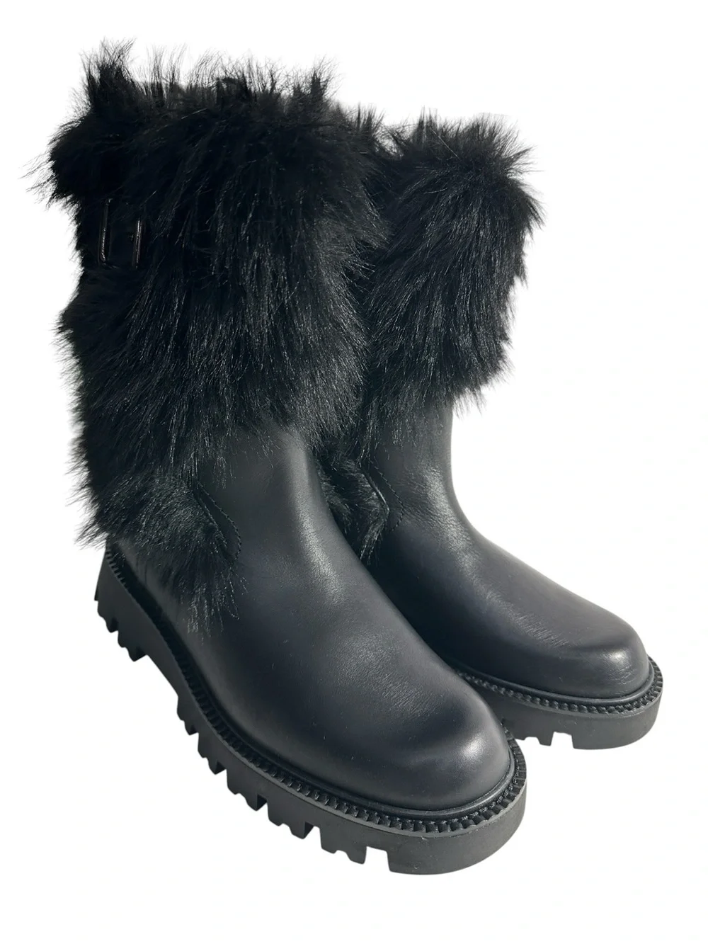 Franco Sarto Brina Black Leather Faux Fur Lug Sole Boots. 6.5M